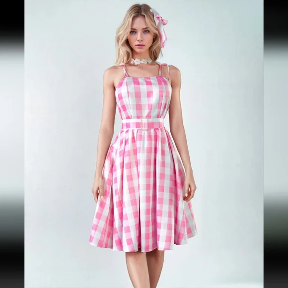 Pink & White Gingham Tie Shoulder Fit To Flare Dress + Costume Accessories (L) - Picture 1 of 16